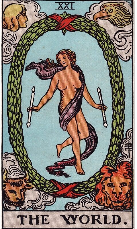 La carta del tarot del Mundo Rider-Waite