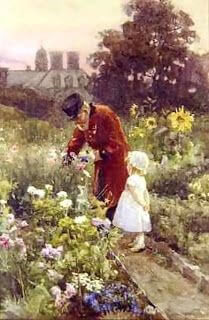 Grandfather and granddaughter in garden - Rose Maynard Barton