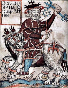 He rides an eight-legged horse named Sleipnir.
