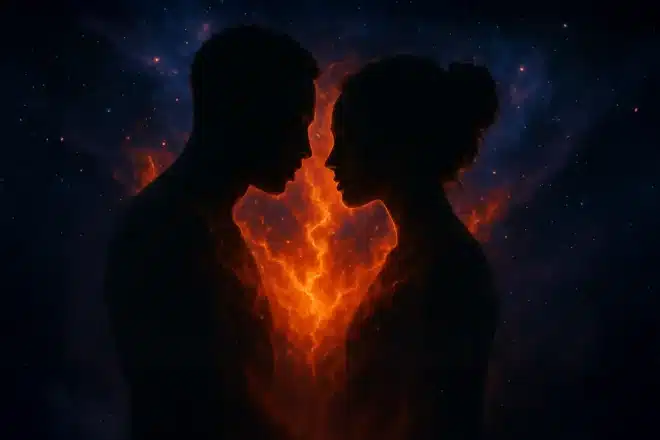 Twin flame connection symbolized by cosmic silhouettes and sacred fire