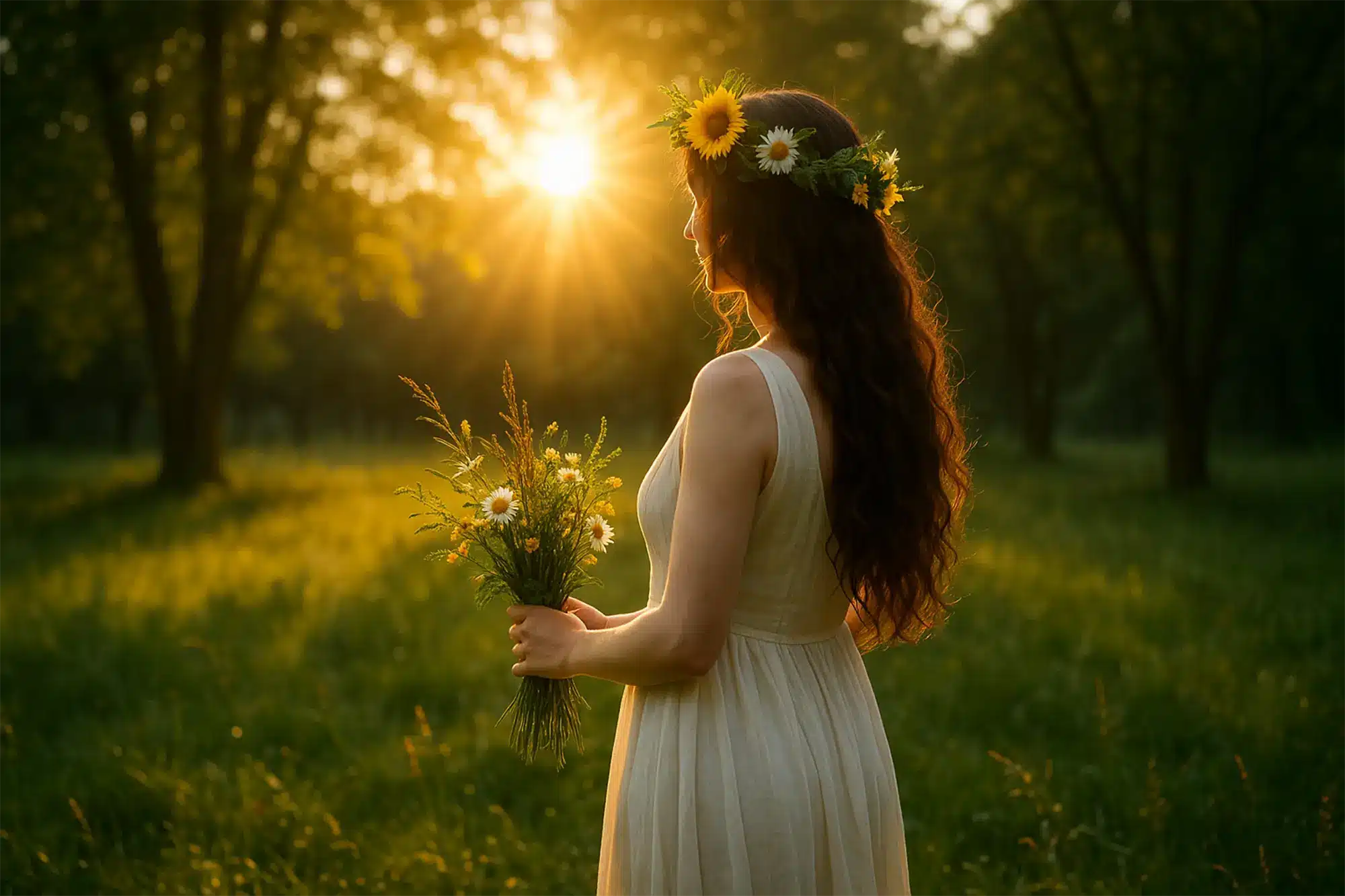witch celebrating summer solstice outdoors with flowers and sun altar