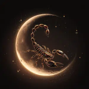 Mystical illustration of Scorpio zodiac sign, a glowing scorpion on a crescent moon surrounded by stars.