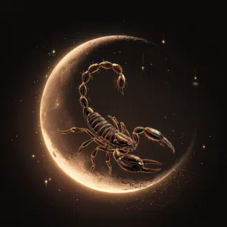 Mystical illustration of Scorpio zodiac sign, a glowing scorpion on a crescent moon surrounded by stars.