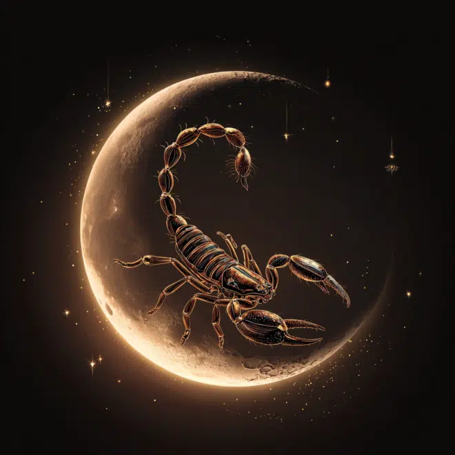 Mystical illustration of Scorpio zodiac sign, a glowing scorpion on a crescent moon surrounded by stars.