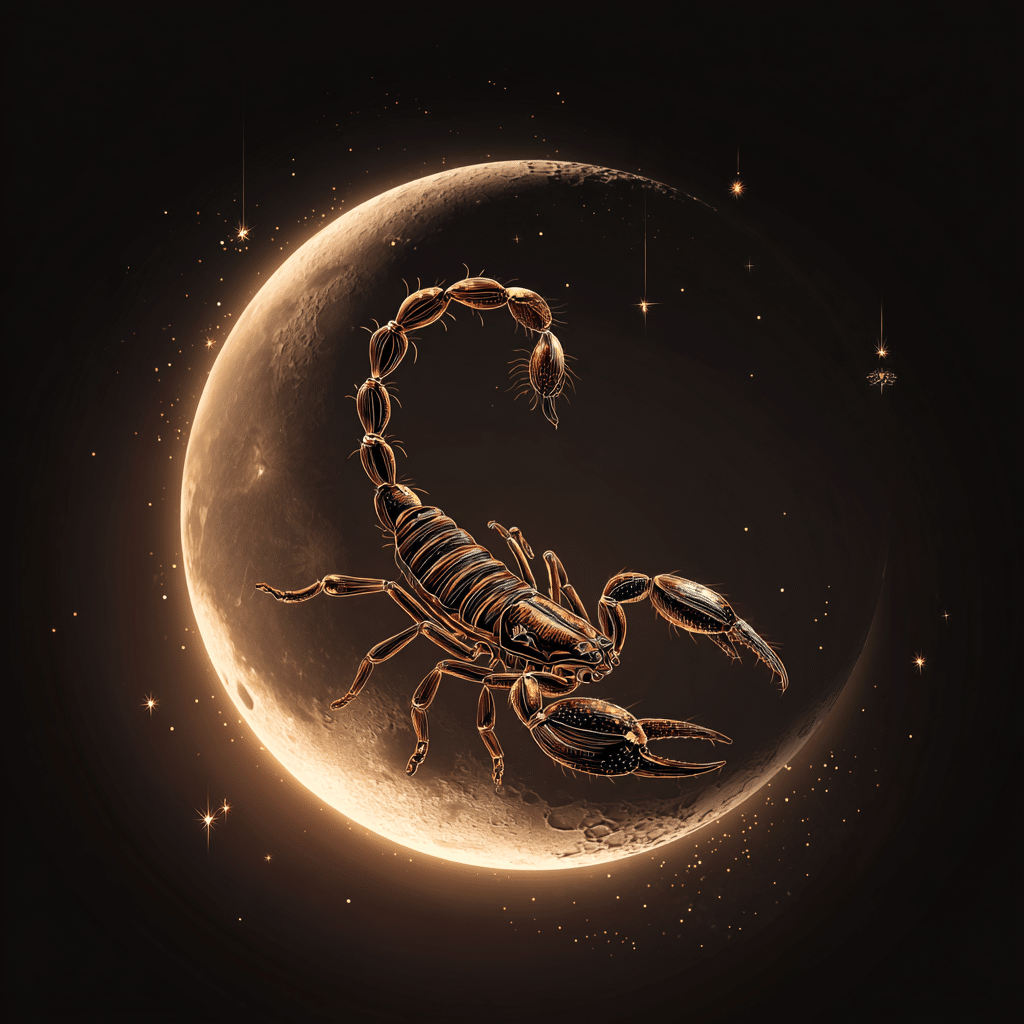 Mystical illustration of Scorpio zodiac sign, a glowing scorpion on a crescent moon surrounded by stars.